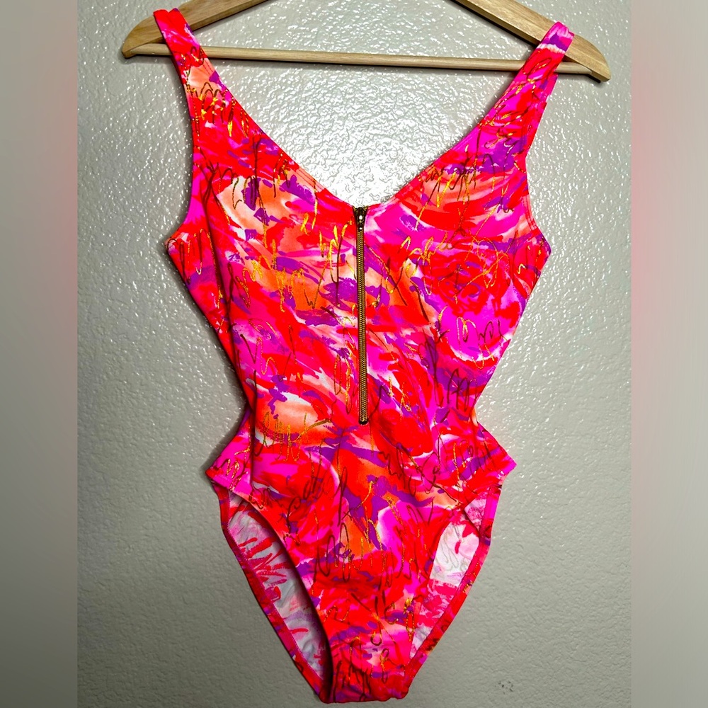 Vintage 90s Sessa High Thigh Cut One Piece Neon Zipper Swimsuit Size 6 USA